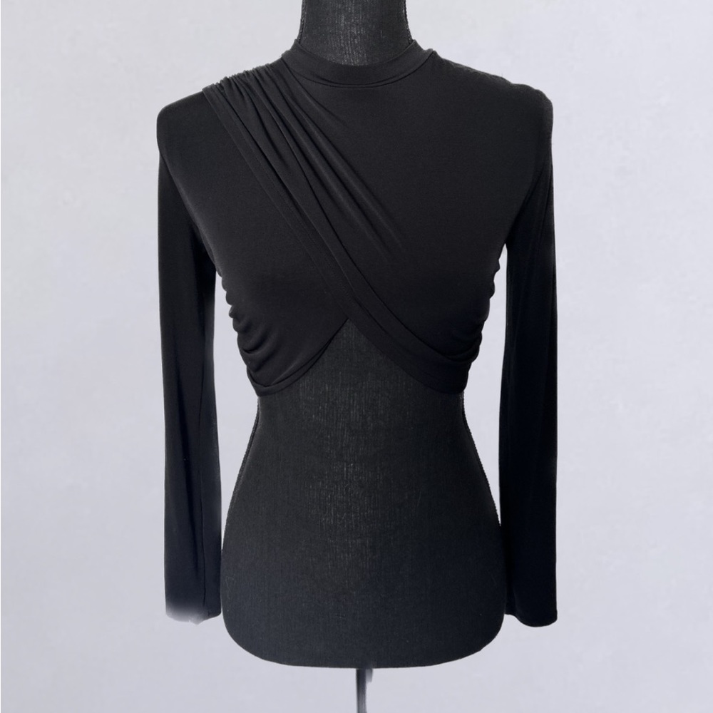 Bershka Black Long-Sleeve Draped Crop Top